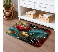 Heart and Pine Needle Holiday Bath Mat, Elegant Red Gold Patterns Absorbent Non Slip Shower Rug, Festive Seasonal Memory Foam Washable Mat for Bathroom Toilet Decor 20x32 Inch
