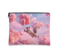 Heart Balloon Makeup Bag, Cute Squirrel Flying Cosmetic Pouch for Women, Portable Small Canvas Zipper Organizer, Festival Gift Toiletry Skincare Bag, Peach, 7x9 Inch, Squirrel