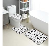 Heart Bathroom Mat Sets 3 Piece, Monochrome Love Pattern Absorbent Non Slip Toilet Rugs U Shaped Washable, Elegant Quick Dry Flannel Bathroom Rug Set