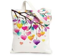 Heart Branch Canvas Tote Bags, Colorful Love Pattern Reusable Grocery Bags, Spring Floral Lightweight Washable Shoulder Str, White, 13x15 Inch