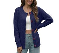 Heart Button Cardigan for Women Loose Knit, Spring Round Neck Cozy Sweet Layer for Date Casual Weekends Travel Holiday Lounging Navy
