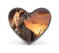 Heart Cheetah Looking with Sunset Printed Brooch Badge for Backpacks Or Lapels