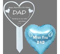 Heart Dad Garden Stake Memorial Remembrance Plaque for Cemetery, Outdoors, Garden Yard, Happy Birthday in Heaven Grave Markers Miss You Dad Balloon