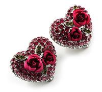 Heart Diamante Rose Stud Earrings - 20mm Tall