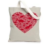 Heart Dinosaur Canvas Tote Bags, Cute Animal Print Reusable Grocery Bags, Summer Fun Lightweight Washable Shoulder Strap Ca, Beige, 13x15 Inch