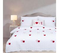 Heart Duvet Cover Set Seersucker Red Bow Girls White Double Embroidered | Luxury Duvet Sets, Textured Romantic Bedding Set for Girly Bedroom Valentines Day Gift Feminine for Summer Spring 3 Pieces