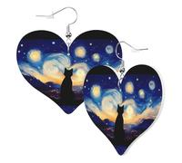 Heart Earrings for Women Trendy - Cat Under Starry Skies Leather Fashion Dangle Earrings, Fun Nickel Free Earrings for Birthday Party Favor Decor Accessories