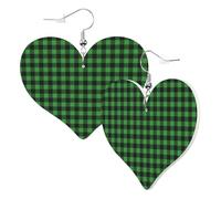 Heart Earrings for Women Trendy - Green Gingham Buffalo Plaid Leather Fashion Dangle Earrings, Fun Nickel Free Earrings for Birthday Party Favor Decor Accessories