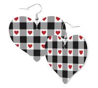Heart Earrings for Women Trendy - Heart Black Buffalo Plaid Gingham Leather Fashion Dangle Earrings, Fun Nickel Free Earrings for Birthday Party Favor Decor Accessories