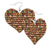 Heart Earrings for Women Trendy - Library Vintage Bookshelf Print Leather Fashion Dangle Earrings, Fun Nickel Free Earrings for Birthday Party Favor Decor Accessories