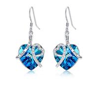 Heart Earrings Sterling Silver ''I Love You" Dangle Drop Earrings with Birthstone Crystals, Valentine Anniversary Birthday Gifts for Her Wife Mum Women Girlfriend (Blue)