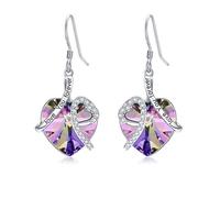 Heart Earrings Sterling Silver ''I Love You" Dangle Drop Earrings with Birthstone Crystals, Valentine Anniversary Birthday Gifts for Her Wife Mum Women Girlfriend (Purple)