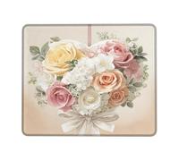 Heart Floral Desk Mouse Pad, Peach Yellow Rose Design Stitched Edge Mousepad, Rubber Non-Slip Washable Gaming Mouse Pad for Home and Office Use Square 8x10 Inch