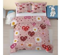 Heart Floral Duvet Cover Double, Daisy Flower Polka Dot Printed Bedding Bed Set, Girls Kids Soft Microfiber Quilt Cover Reversible with Zipper Closure, 2 Pillowcases(3Pcs 200 x 200) hHj-149