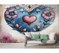 Heart Floral Wall Mural, Self-Adhesive Peel & Stick Wallpaper, Watercolor Geometric Design Photo Wallpaper for Living Room & Bedroom (450x315 cm), M-854