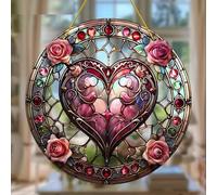 Heart Flower Floral Rose Stained Windows Hanging Suncatcher,Flower Stained Glass Suncatchers Window Ornament Stained Glass Panel Sun Catcher Wall Hanging Decor Birthday Gifts
