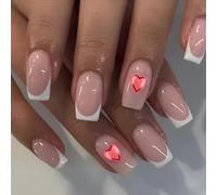 Heart French Fake Nails,Heart Decoration French False Nails,24pcs Glossy Nude Pink Stick on Nails with Glue, Love Medium Long-Acrylic Nails,Square Stick on Nails for Valentine's day Manicure Home DIY
