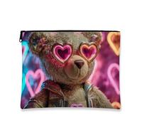 Heart Glasses Bear Makeup Bag, Cute Bear With Heart Sunglasses Cosmetic Travel Pouch for Women, Portable Small Zipper Organizer, Gift for Valentine's Day Birthday, Peach, 7x9 Inch, Bear