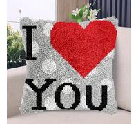 Heart in Red Word I Love You DIY Latch Hook Kits Pillow with Printed Canvas Handmade Cushion Crochet Yarn Embroidery Hook and Latch Kit Pillowcase Christmas Decoration 43x43cm