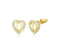 Heart Initial Stud 14K Gold Plated Zirconia Earrings for Girl Women Gift(D)