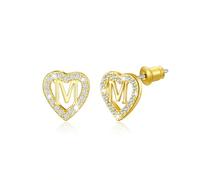 Heart Initial Stud 14K Gold Plated Zirconia Earrings for Girl Women Gift(M)