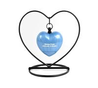 Heart Keepsake Cremation Urn for Ashes - Exclusive Protected Design Mini Aluminium Memorial Urn with Heart Stand, Velvet Box & Funnel - 3-Inch Token Ashes Holder (Blue- Text Engraved)