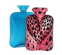Heart Leopard Skin Print Hot Water Bottle with Cover, 2L PVC Hot Water Bag with Soft Cover, Reusable Heating Pad for Pain Relief Warm Hands Waist Abdomen Feet & Bed
