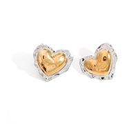 Heart Love Stud Statement Earrings for Women Stainless Steel Golden Silver Two Tone Chunky Hearted Studs Earring Unique Holiday Birthday Jewelry for Her
