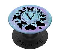 Heart Monogram Butterfly Purple Blue Galaxy Letter V Initial PopSockets PopGrip: Swappable Grip for Phones & Tablets