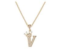 Heart Necklace Valentines Crown 26 English Letters Full Pendant Necklace for Women Crown Necklaces for Women A Z 26 Alphabet Initial Necklaces for Jewelry Choker Pearl Necklaces for (V, One Size)