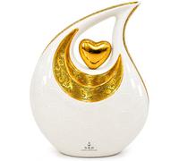 Heart of Love Cremation Urn for Human Ashes, Beautiful White and Gold Teardrop Cremation Urn for Adult Human Ashes - Elegant Memorial Funeral Urn with Golden Heart, Large Size (White/Gold(8X4.5X10"))