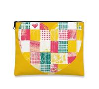 Heart Patchwork Cosmetic Bag, Vintage Style Yellow Makeup Pouch for Women, Portable Canvas Zipper Organizer, Daily Skincare Toiletry Bag, Yellow, 7x9 Inch, Heart