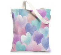 Heart Pattern Canvas Tote Bags, Colorful Watercolor Heart Design Reusable Shopping Bags, Stylish Lightweight Washable Shoulder Strap Tote for Travel Gym Beach 13x15 Inch