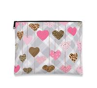 Heart Pattern Cosmetic Bag, Playful Peach and Brown Love Print Travel Makeup Pouch for Women, Portable Canvas Zipper Organizer, Peach, 7x9 Inch, Hearts