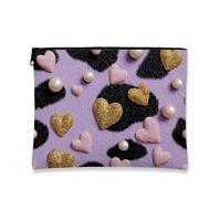 Heart Pattern Makeup Bag, Peach Glitter Hearts and Pearls on Lilac Leopard Print Cosmetic Travel Pouch for Women, Versatile Small Zipper Organizer, Ideal Gift for Valentine's Day, lilac, 7x9 Inch