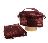 Heart Pattern Makeup Bag Set Mesh Fabric Love Heart Embroidery and Lace Trim Large Capacity Makeup Storage Bag(Rot)