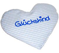 Heart Pillow with Saying Lucky Child Light Blue Checked Rapeseed Cushion for Warming, Warming Pillow for Birth or Christening