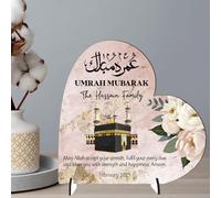 Heart Plaque Personalised Umrah Mubarak Heart Plaque for Families - Sentimental Islamic Gift for Pilgrims - Custom Arabic Names & Date Keepsake (Pink, MDF Wood - Medium - 135mm x 130mm)