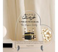 Heart Plaque Personalised Umrah Mubarak Heart Plaque for Families - Sentimental Islamic Gift for Pilgrims - Custom Arabic Names & Date Keepsake (No Background, Acrylic - Large - 190mm x 185mm)