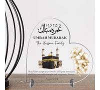Heart Plaque Personalised Umrah Mubarak Heart Plaque for Families - Sentimental Islamic Gift for Pilgrims - Custom Arabic Names & Date Keepsake (No Background, Acrylic - Medium - 135mm x 130mm)