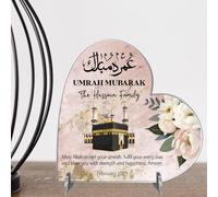 Heart Plaque Personalised Umrah Mubarak Heart Plaque for Families - Sentimental Islamic Gift for Pilgrims - Custom Arabic Names & Date Keepsake (Pink, Acrylic - Small - 85mm x 80mm)