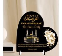 Heart Plaque Personalised Umrah Mubarak Heart Plaque for Families - Sentimental Islamic Gift for Pilgrims - Custom Arabic Names & Date Keepsake (Black, MDF Wood - Large - 190mm x 185mm)