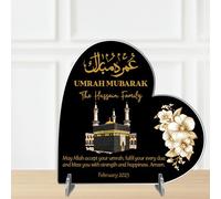 Heart Plaque Personalised Umrah Mubarak Heart Plaque for Families - Sentimental Islamic Gift for Pilgrims - Custom Arabic Names & Date Keepsake (Black, Acrylic - Large - 190mm x 185mm)