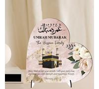 Heart Plaque Personalised Umrah Mubarak Heart Plaque for Families - Sentimental Islamic Gift for Pilgrims - Custom Arabic Names & Date Keepsake (Pink, MDF Wood - Large - 190mm x 185mm)