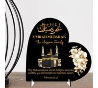 Heart Plaque Personalised Umrah Mubarak Heart Plaque for Families - Sentimental Islamic Gift for Pilgrims - Custom Arabic Names & Date Keepsake (Black, MDF Wood - Small - 85mm x 80mm)