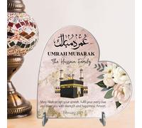 Heart Plaque Personalised Umrah Mubarak Heart Plaque for Families - Sentimental Islamic Gift for Pilgrims - Custom Arabic Names & Date Keepsake (Pink, Acrylic - Medium - 135mm x 130mm)