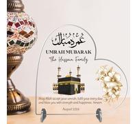 Heart Plaque Personalised Umrah Mubarak Heart Plaque for Families - Sentimental Islamic Gift for Pilgrims - Custom Arabic Names & Date Keepsake (No Background, Acrylic - Small - 85mm x 80mm)