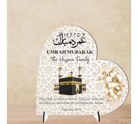 Heart Plaque Personalised Umrah Mubarak Heart Plaque for Families - Sentimental Islamic Gift for Pilgrims - Custom Arabic Names & Date Keepsake (Beige, MDF Wood - Small - 85mm x 80mm)