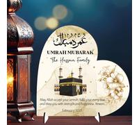 Heart Plaque Personalised Umrah Mubarak Heart Plaque for Families - Sentimental Islamic Gift for Pilgrims - Custom Arabic Names & Date Keepsake (Gold, MDF Wood - Large - 190mm x 185mm)