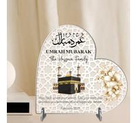 Heart Plaque Personalised Umrah Mubarak Heart Plaque for Families - Sentimental Islamic Gift for Pilgrims - Custom Arabic Names & Date Keepsake (Beige, Acrylic - Small - 85mm x 80mm)
